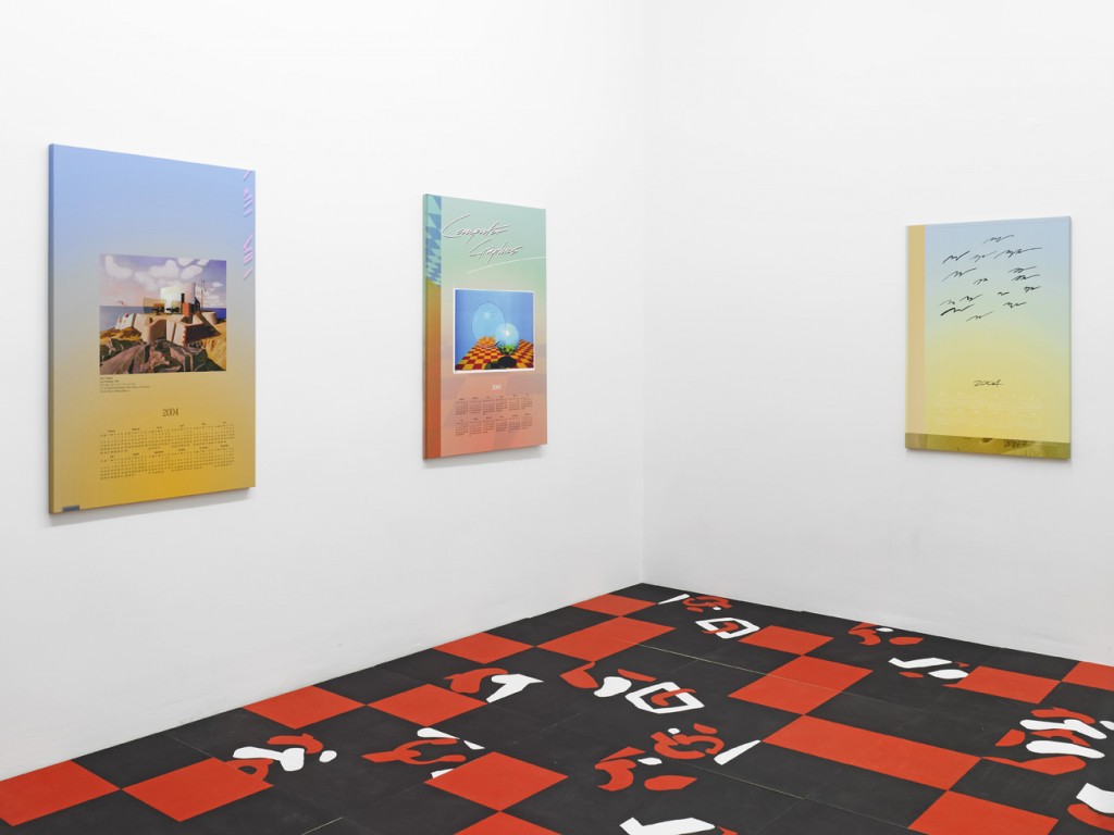 Installation view: »Hints and Gleams« Carla Accardi, Seth Price, Nora Schultz, Galerie Isabella Bortolozzi, Berlin, 06.03.12–07.04.12.