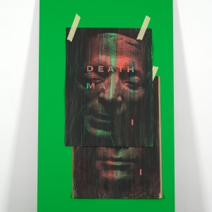 Ed Atkins, »A Very Short Introduction to Death Mask I«, 2010. 2 Parts (part 1/2). MDF, Chromakey Green Paint, Omnichrom Photocopies, Indian Ink, Masking Tape.
Dimensions Variable.