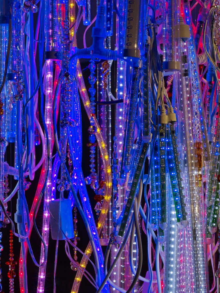 Wu Tsang. »His Master's Voice.« (detail) 2014. Metal, LED lights, nylon, rope, beads, Swarovski crystals, cables, powers strips. 200 x 55 x 40 cm. Unique.