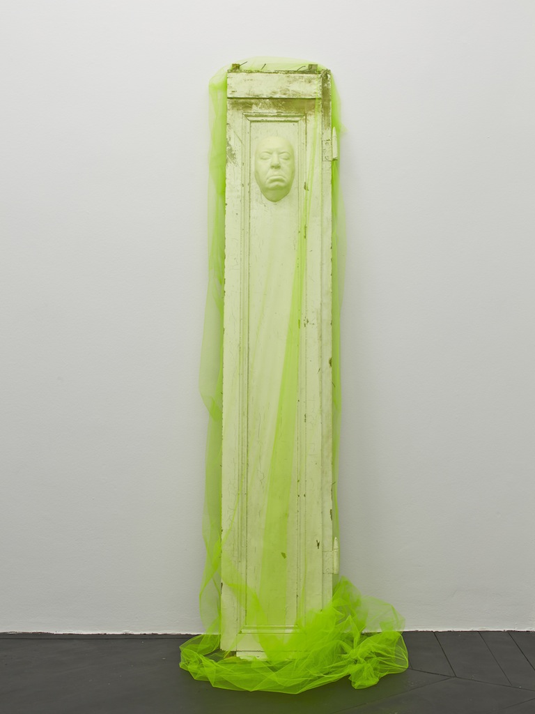Danny McDonald, <i>Alfred in Tulle</i>, 2015, door, resin life cast of Alfred Hitchcock, tulle, 227 x 60 x 43 cm
