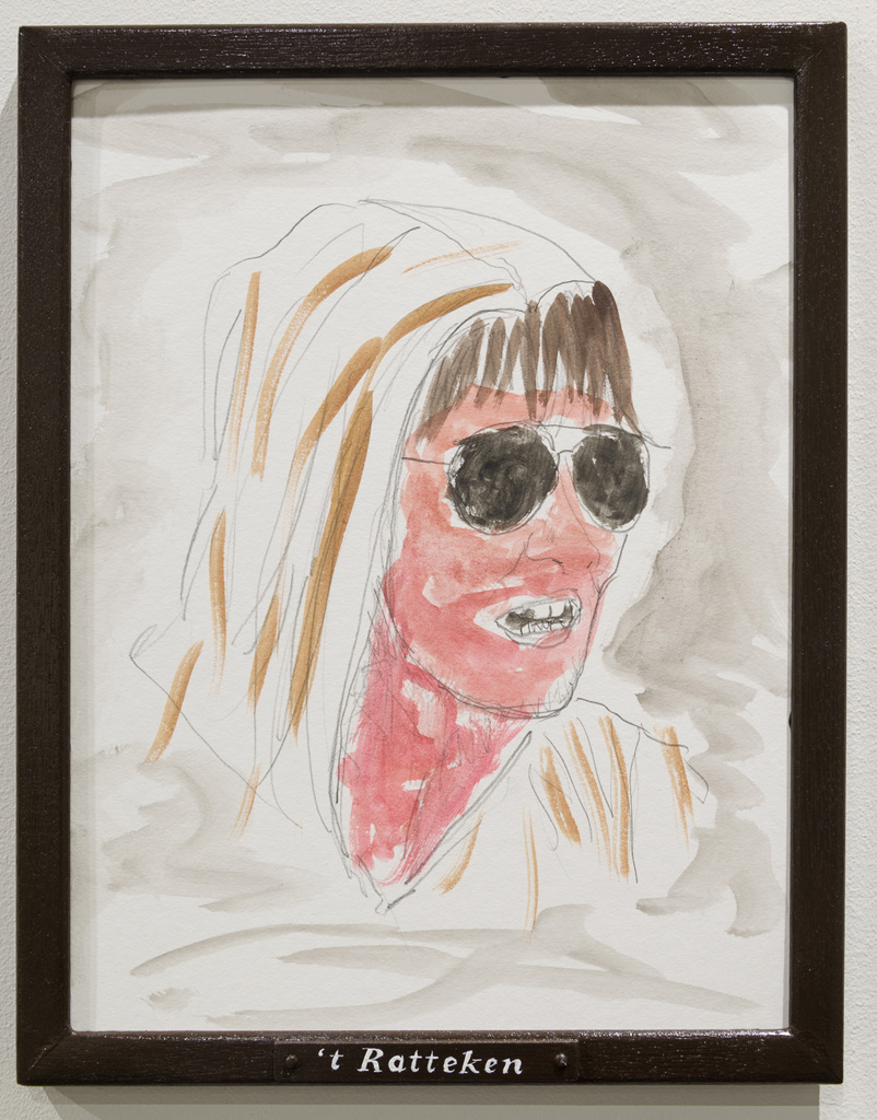 Jos de Gruyter & Harald Thys, »'t RATTEKEN«, 2015,<br>Pencil and water colour on off-white cardboard in wooden frame,<br>painted brown, 38 x 30, Unique 