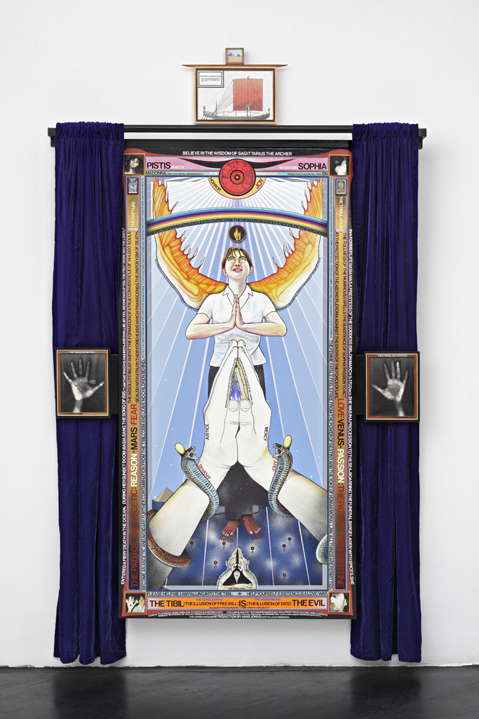 Paul Laffoley, »Pistis Sophia«, 2004-2006, oil and acrylic paint, vinyl letters, India ink, photo-collage on linen canvas, velvet drapes, Magic Mirror (two way mirror with electrical components), 104 x 59 x 6.5 cm, unique
