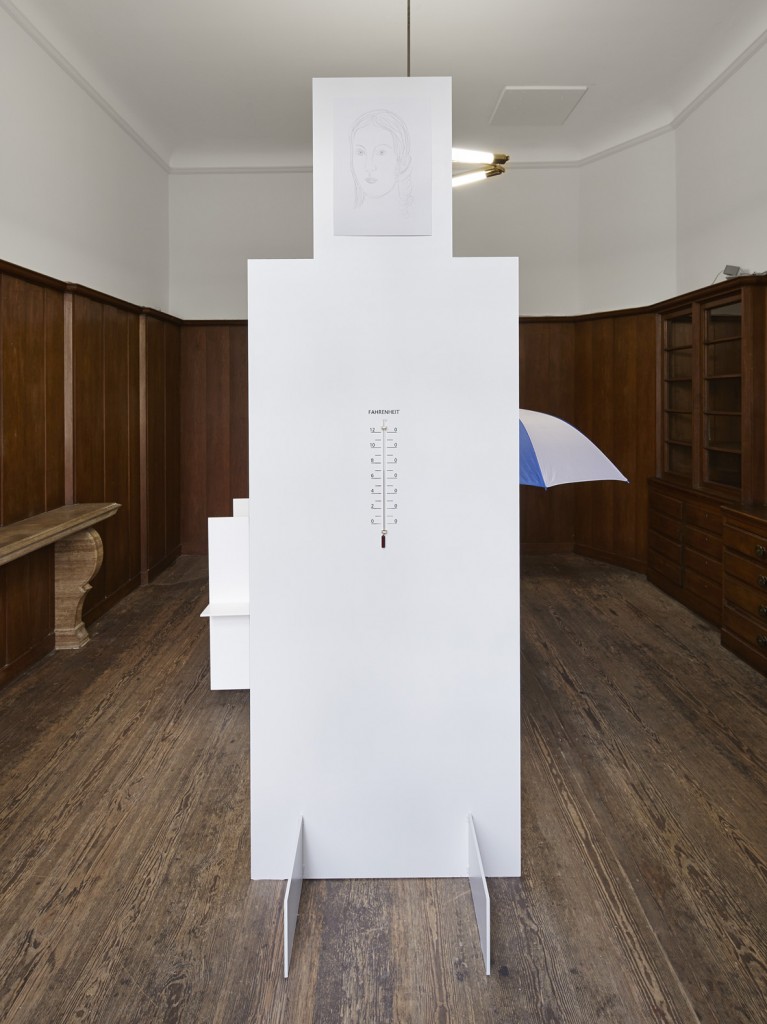 Jos de Gruyter & Harald Thys, »Thermometer White Element«, 2015,
<br>hot rolled steel, graphite on paper, aluminium, enamel, hand crafted thermometers, 243 x 81.79 x 80.01 cm, unique
