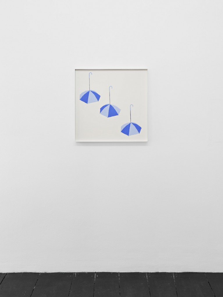 Jos de Gruyter & Harald Thys, »Three Blue Umbrellas«, 2016, acrylic on card in hot rolled steel frame, 69 x 69 cm, unique